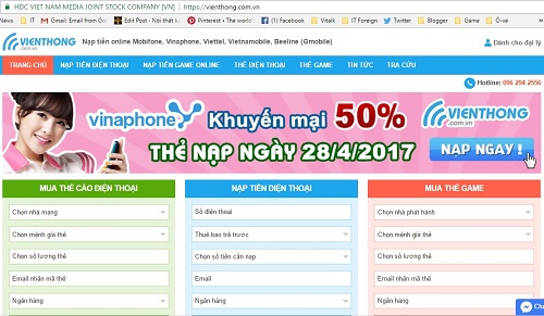 Truy cập website nạp tiền trực tuyến Vienthong